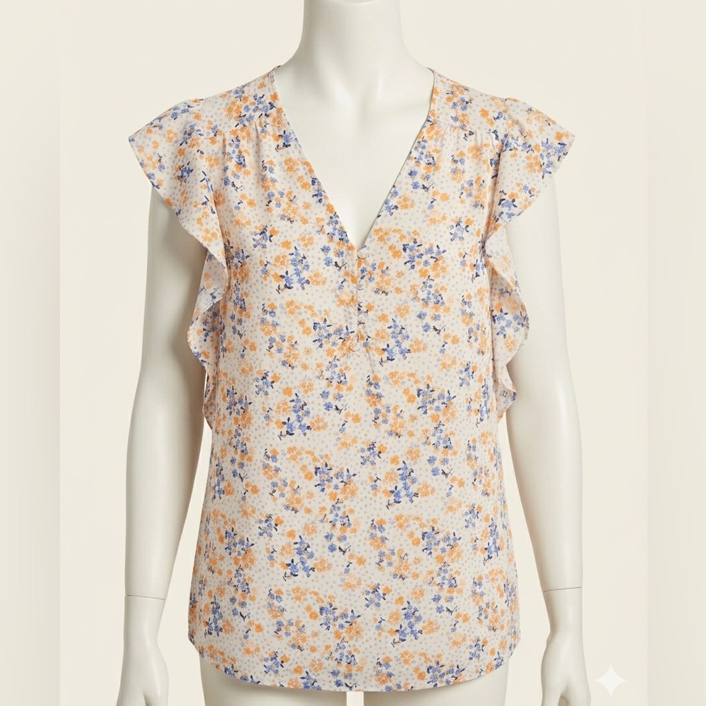 Pleione Floral V-Neck Flutter Sleeve Blouse - Size Large